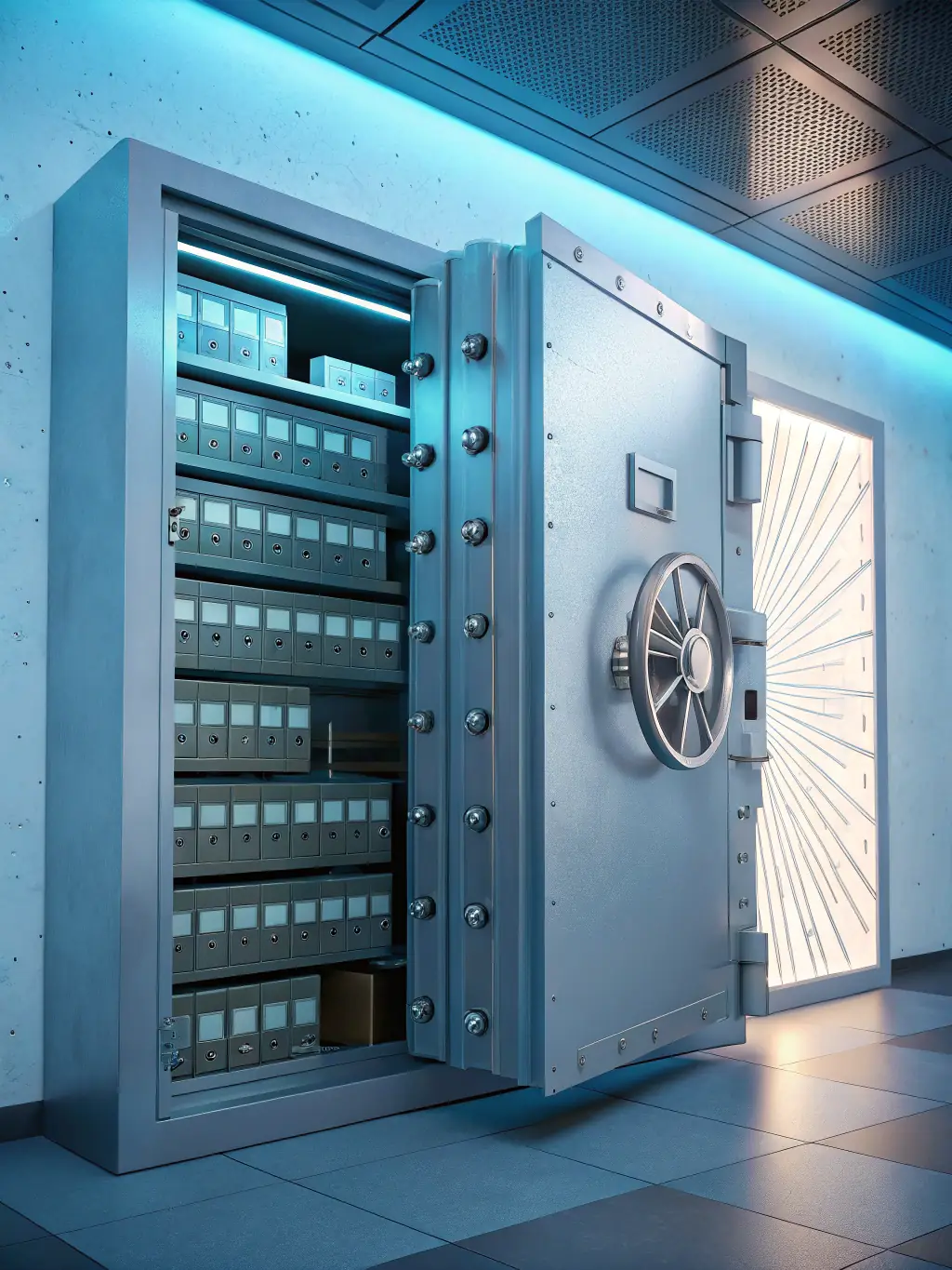 A digital illustration depicting a secure vault with documents inside, symbolizing enhanced security and compliance features of EZContentManager.