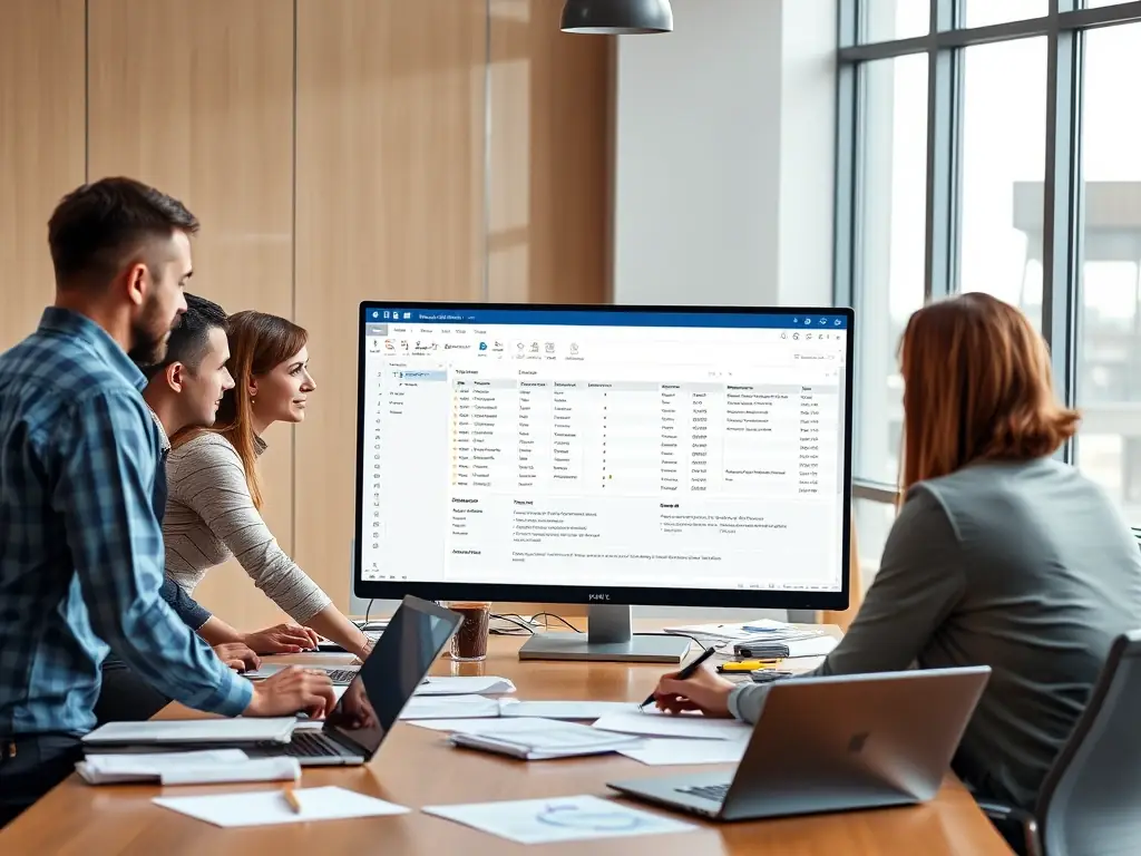 An audit team reviewing a timeline of employee record changes and additions on a computer screen, emphasizing the system's ability to meet internal and external audit requirements.