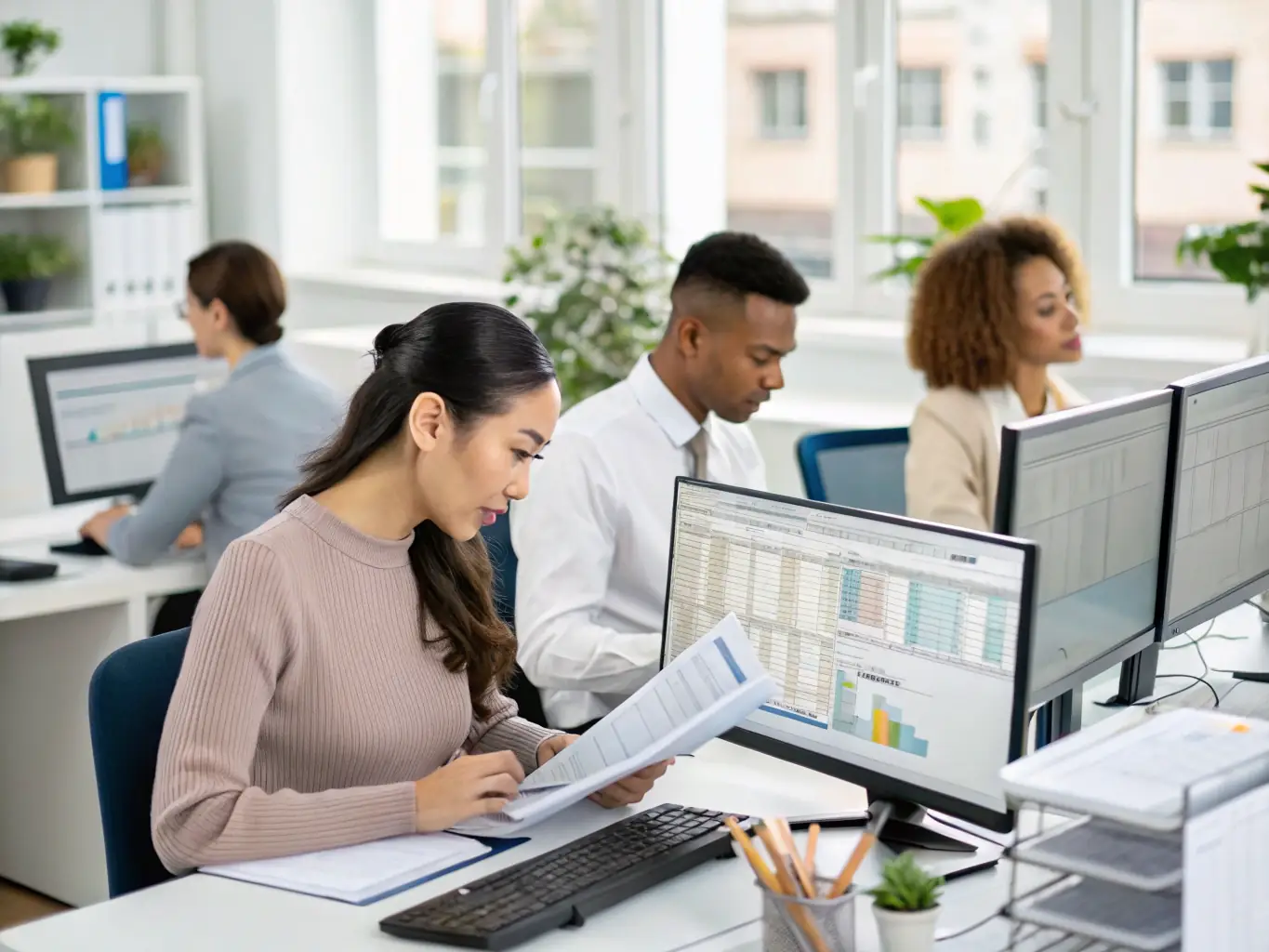 A professional office setting with employees working efficiently at their desks, showcasing a reduction in manual labor due to automated accounts payable processes.