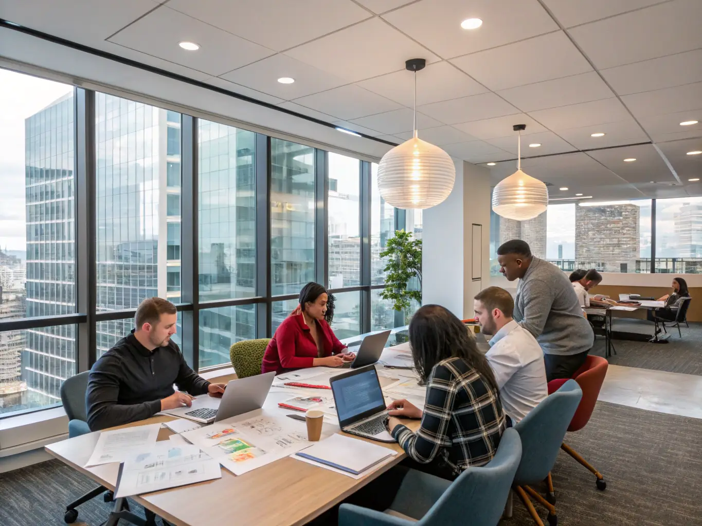 A professional office setting with employees collaborating around a table, reviewing documents displayed on a large screen, symbolizing improved document management with EZeDocs.