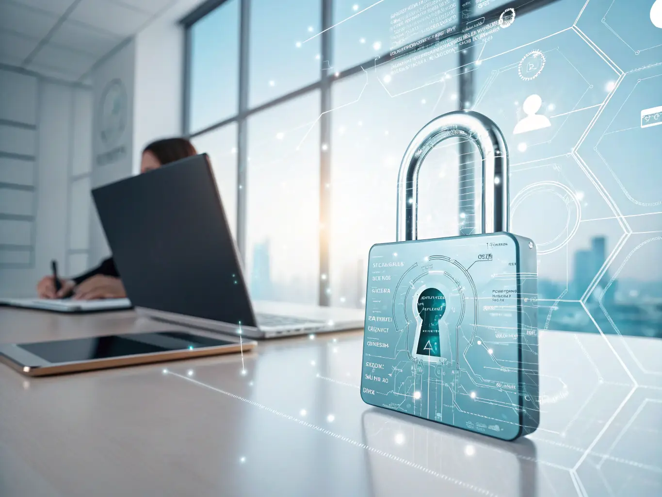 A digital illustration of a secure lock icon overlaid on documents being exchanged between two computers, representing enhanced security and compliance with EZeDocs.