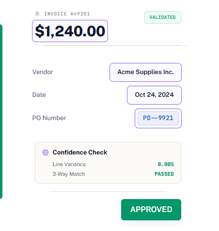 Invoice interface showing AI detection of amount, vendor, date, and PO number