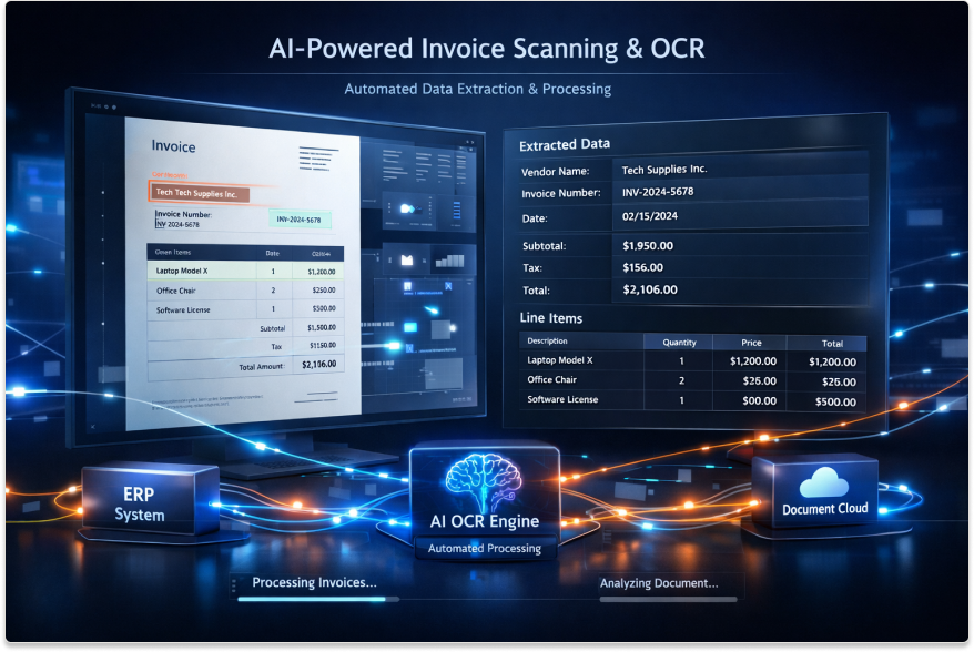 Digital graphic showing AI-powered invoice scanning and OCR with extracted invoice data, ERP integration, and document cloud processing.