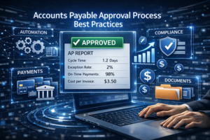 Digital illustration of an accounts payable approval process dashboard showing approved invoice workflow, compliance, payments, and document management.