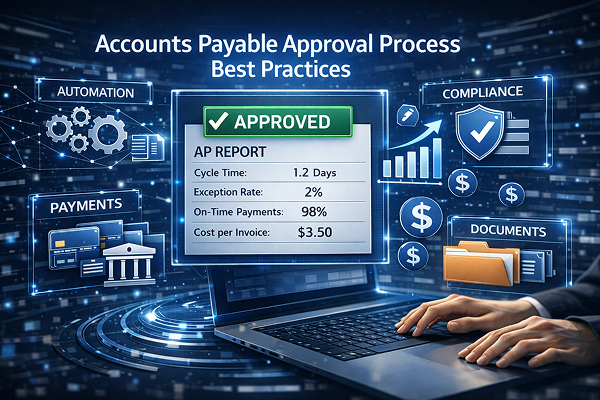 Digital illustration of an accounts payable approval process dashboard showing approved invoice workflow, compliance, payments, and document management.