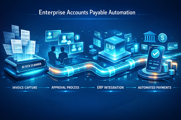 Illustration of enterprise accounts payable automation showing AI OCR invoice capture, approval workflow, ERP integration, and automated payments.