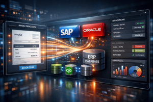 Illustration of invoice automation software integrating with ERP systems like SAP and Oracle, showing data syncing, OCR scanning, and real-time processing dashboards