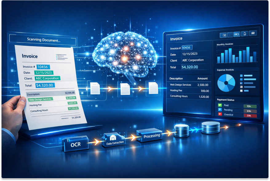 Digital illustration of invoice OCR software scanning a paper invoice and extracting data into an automated processing dashboard.