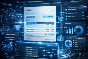 Digital dashboard showing OCR invoice scanning software extracting invoice data and feeding accounts payable analytics.