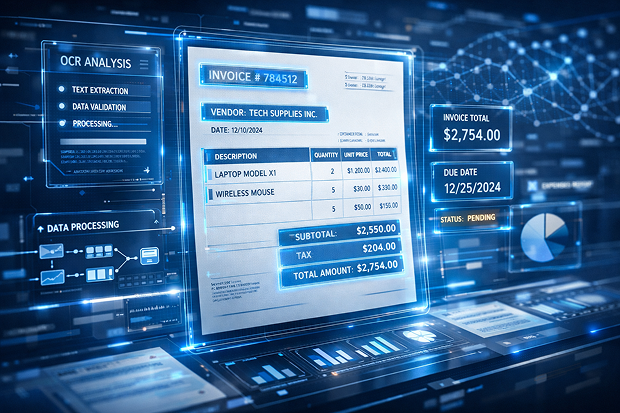 Digital illustration of invoice scanning software extracting invoice data, totals, due date, and validation details on a blue analytics dashboard.