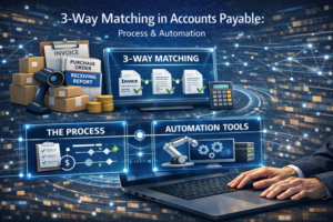 Futuristic blog header graphic showing 3-way matching in accounts payable with invoice, purchase order, receiving report, workflow panels, and automation tools on digital screens.