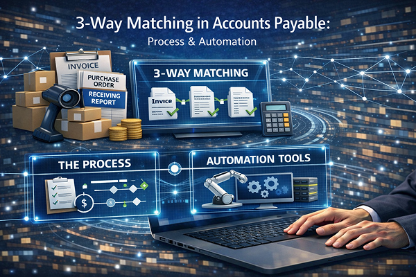 Futuristic blog header graphic showing 3-way matching in accounts payable with invoice, purchase order, receiving report, workflow panels, and automation tools on digital screens.