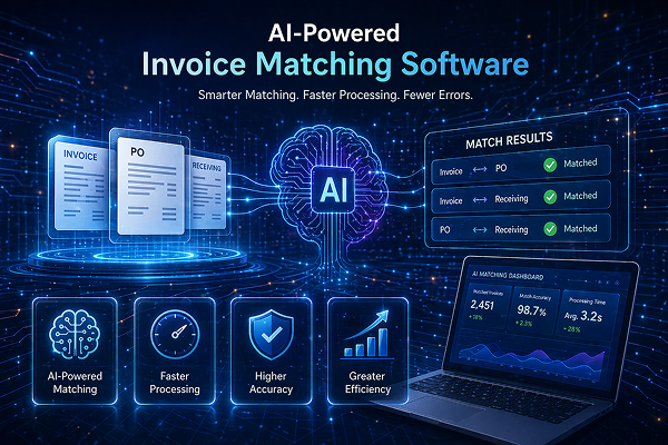 Futuristic digital banner for AI-powered invoice matching software, showing invoice, purchase order, and receiving documents connected to an AI engine, with match results and a performance dashboard on glowing blue screens.