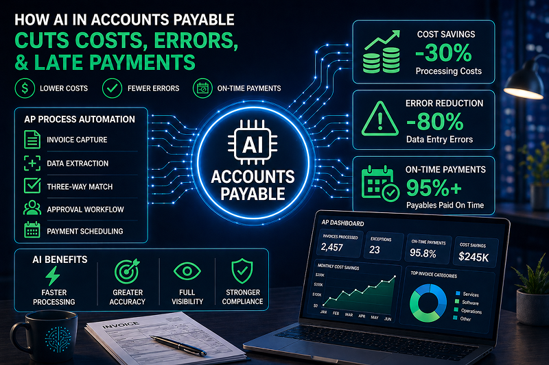 Illustration showing AI-powered accounts payable automation reducing costs, errors, and late payments through invoice capture, data extraction, matching, approvals, and payment scheduling.