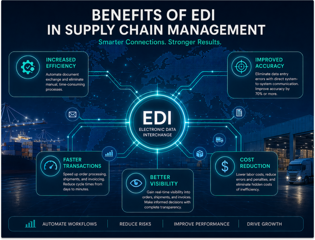 EDI benefits infographic showing improved efficiency, accuracy, faster transactions, cost reduction, and real-time visibility in supply chain management