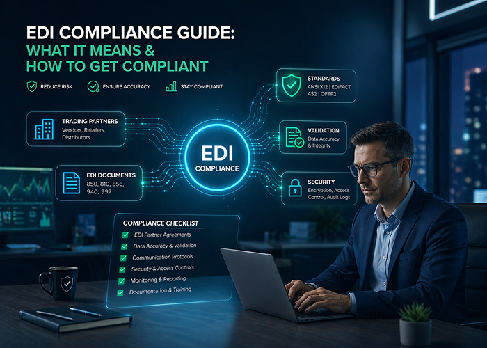 Futuristic office illustration showing an EDI compliance hub connected to standards, validation, security, trading partners, EDI documents, and a compliance checklist beside a professional working on a laptop.