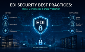 Futuristic EDI cybersecurity infographic showing a glowing shield and lock with key risks, compliance controls, encryption, and secure data connections.