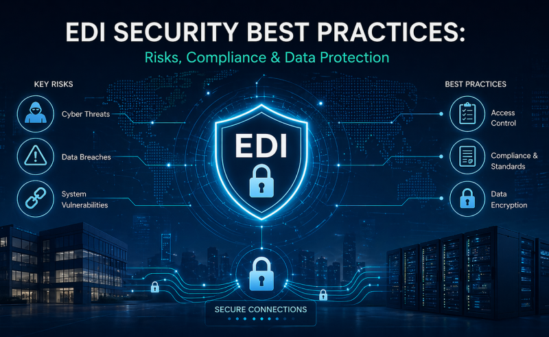 Futuristic EDI cybersecurity infographic showing a glowing shield and lock with key risks, compliance controls, encryption, and secure data connections.
