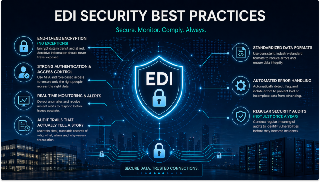 Futuristic EDI security infographic showing a glowing shield with security best practices including encryption, authentication, monitoring, audit trails, standardized data formats, error handling, and regular audits.