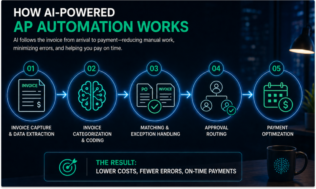 Infographic showing the five steps of AI-powered AP automation: invoice capture and data extraction, invoice categorization and coding, matching and exception handling, approval routing, and payment optimization.
