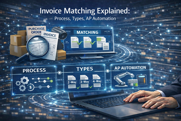 Digital illustration of invoice matching showing purchase order, invoice comparison, and AP automation workflow