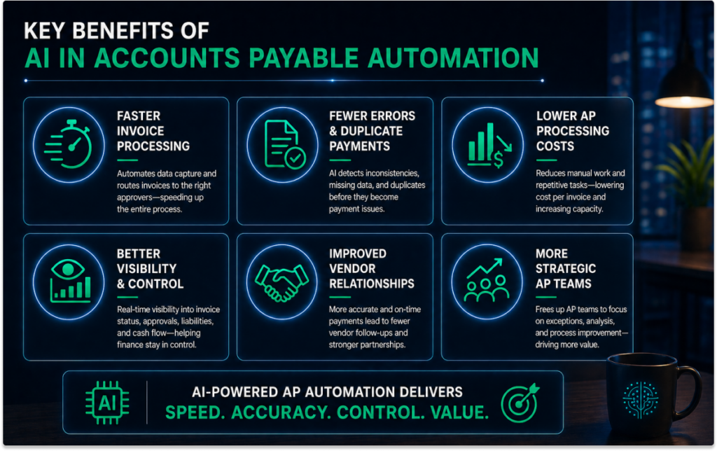 Infographic showing the benefits of AI in accounts payable automation, including faster invoice processing, fewer errors and duplicate payments, lower AP processing costs, better visibility, improved vendor relationships, and more strategic AP teams.