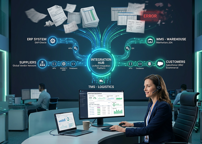 Digital integration hub connecting ERP, WMS, CRM, suppliers, and logistics systems with real-time data flow and error alerts