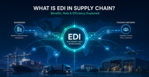 EDI supply chain diagram showing electronic data exchange between businesses and trading partners with benefits like speed, accuracy, and visibility
