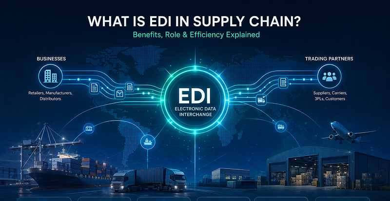 EDI supply chain diagram showing electronic data exchange between businesses and trading partners with benefits like speed, accuracy, and visibility
