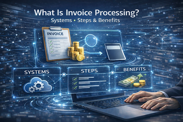 Invoice processing system showing AP workflow steps, automation, and benefits