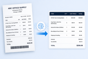 Illustration showing AI extracting line items from a business receipt and converting them into a structured digital table for automated invoice processing.