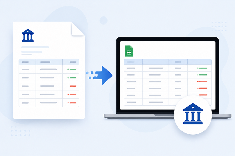 Illustration of bank statement extraction software converting a bank statement into structured digital financial data on a laptop.