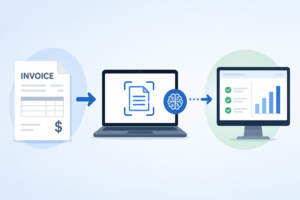 Illustration of an invoice being captured by software and converted into AP data on a dashboard.
