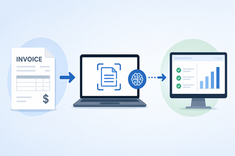 Illustration of an invoice being captured by software and converted into AP data on a dashboard.