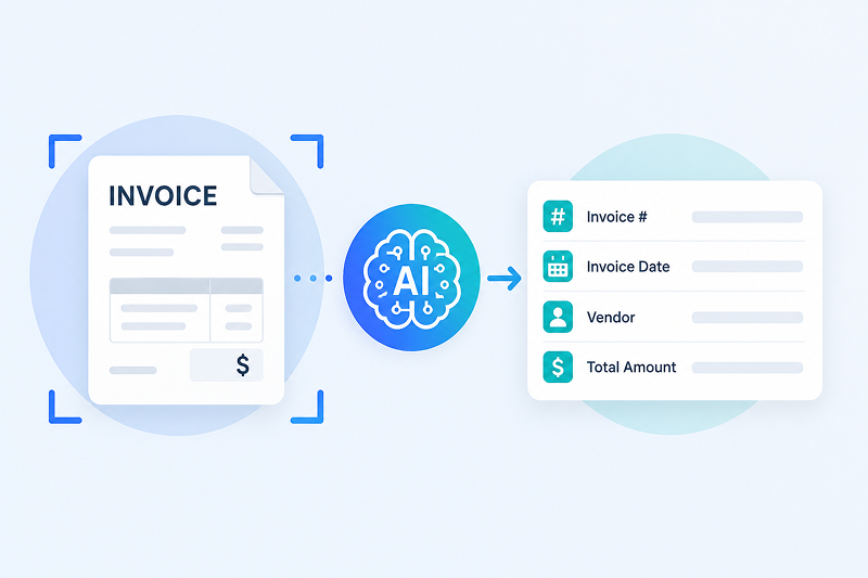 Illustration showing AI and OCR extracting structured invoice data from a digital invoice into organized fields.