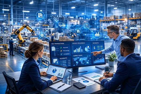 Manufacturing executives reviewing real-time EDI transactions, invoice processing, and payment analytics dashboard inside a smart factory with robotic automation.