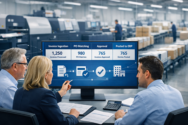 Finance team reviewing invoice ingestion, purchase order matching, and ERP posting dashboard in a publishing and print production facility.