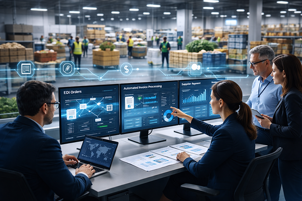 Food distribution management team reviewing EDI orders, automated invoice processing, and supplier payment analytics dashboards inside a warehouse facility.