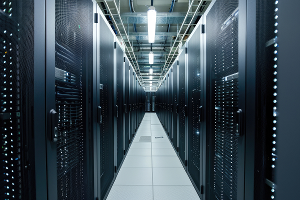 Modern enterprise data center with rows of secure server racks supporting real-time EDI, ERP, and financial system integrations.
