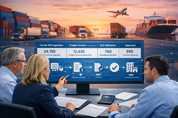 Logistics team reviewing a real-time freight and EDI invoice automation dashboard with cargo ships, trucks, containers, and airplane in the background.