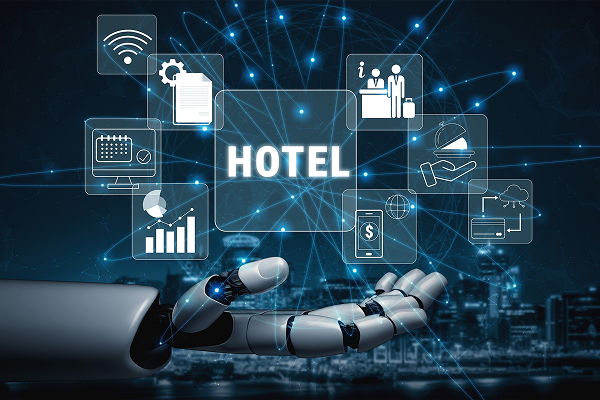 Digital AI interface with robotic hand displaying hotel management icons for reservations, payments, analytics, and guest services.